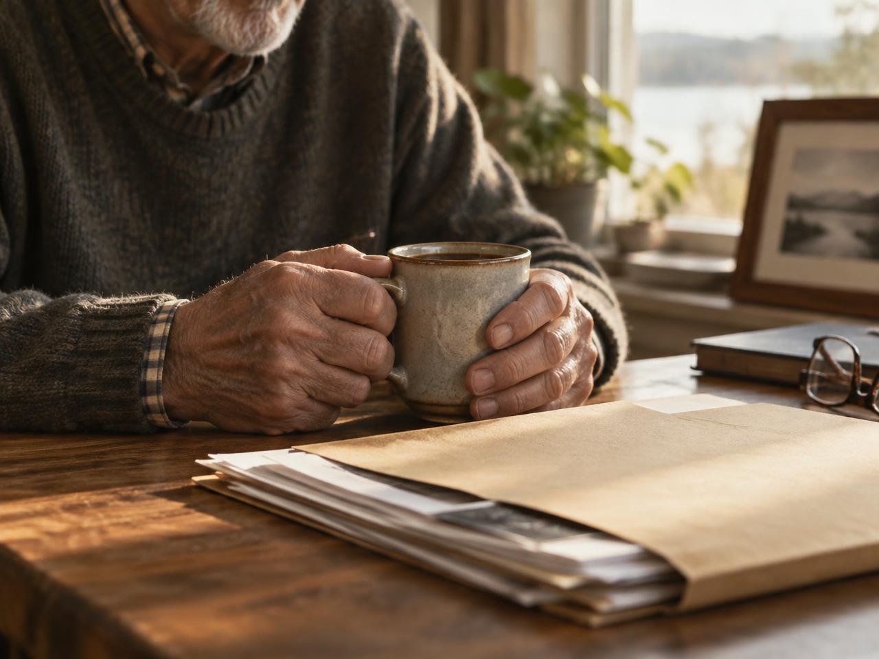An older man's hands rest around a coffee mug beside a folder of documents on a wooden table